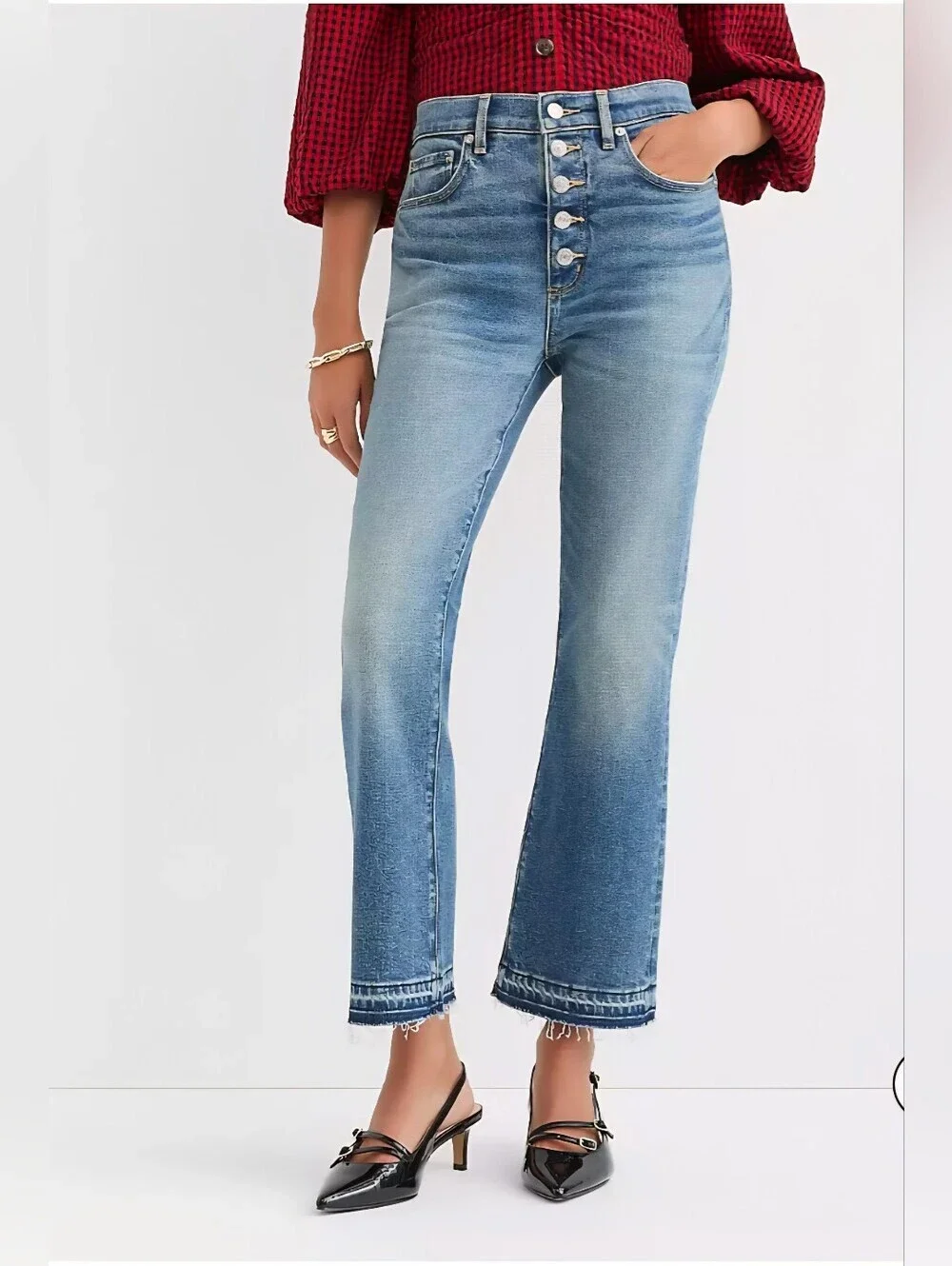 LOFT Women's Button-Fly High-Rise Kick Crop Jeans with Raw Hem 29/8